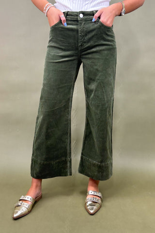 Person wearing green wide-leg pants with a plain background