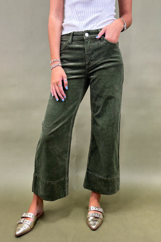 Person wearing green wide-leg pants and silver shoes on a plain background