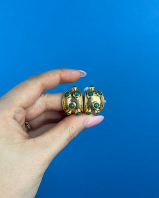 Shop the Gold with Jade Stone Earrings featuring textured gold hoops with jade-inspired green stones for timeless statement style.