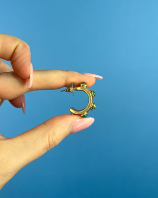 Shop the Gold with Jade Stone Earrings featuring textured gold hoops with jade-inspired green stones for timeless statement style.