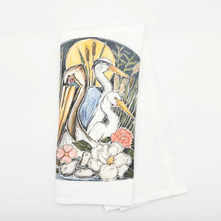 Decorative kitchen towel with illustrations of birds and flowers on a white background