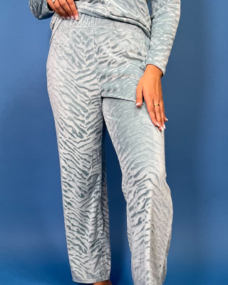 Light blue zebra print lounge set with a V-neck long sleeve top and matching relaxed-fit pants.