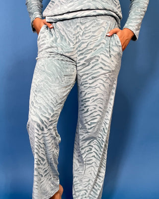 Light blue zebra print lounge set with a V-neck long sleeve top and matching relaxed-fit pants.