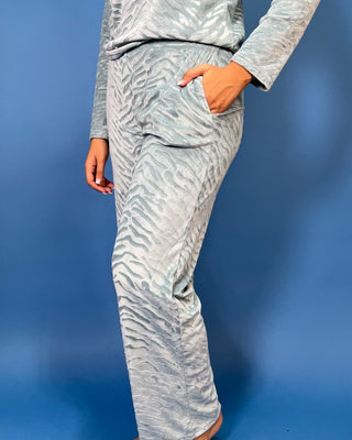 Light blue zebra print lounge set with a V-neck long sleeve top and matching relaxed-fit pants.