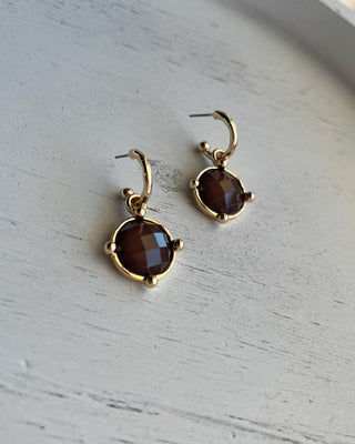 Shop the Gold & Brown Earrings featuring faceted brown stone drops, gold-tone hoops, and a timeless design perfect for everyday and dressy looks.