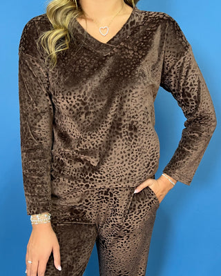 Brown velvet animal print lounge set with a V-neck long sleeve top and matching relaxed-fit pants.