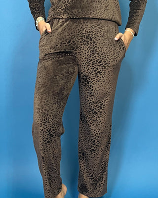 Brown velvet animal print lounge set with a V-neck long sleeve top and matching relaxed-fit pants.