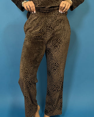Brown velvet animal print lounge set with a V-neck long sleeve top and matching relaxed-fit pants.