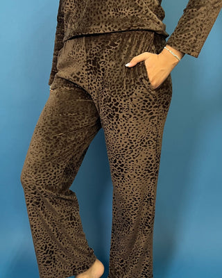 Brown velvet animal print lounge set with a V-neck long sleeve top and matching relaxed-fit pants.
