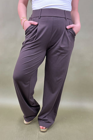 Person wearing brown wide-leg pants on a plain background