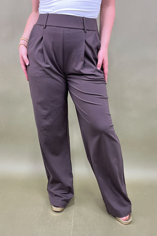 Person wearing brown pleated pants on a plain background