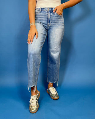 HR Crop Slim Wide Jeans by Flying Monkey featuring a high rise, medium wash, comfortable stretch, and trendy raw hem.