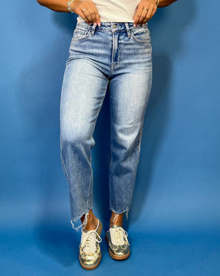 HR Crop Slim Wide Jeans by Flying Monkey featuring a high rise, medium wash, comfortable stretch, and trendy raw hem.