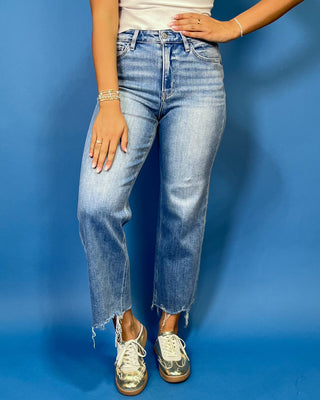 HR Crop Slim Wide Jeans by Flying Monkey featuring a high rise, medium wash, comfortable stretch, and trendy raw hem.