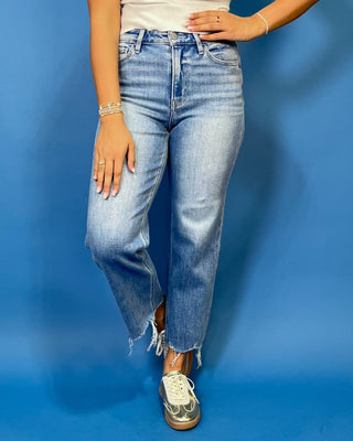 HR Crop Slim Wide Jeans by Flying Monkey featuring a high rise, medium wash, comfortable stretch, and trendy raw hem.