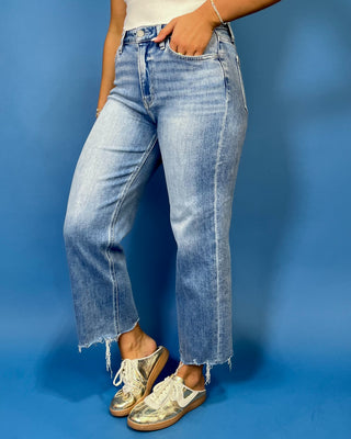 HR Crop Slim Wide Jeans by Flying Monkey featuring a high rise, medium wash, comfortable stretch, and trendy raw hem.