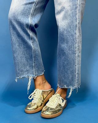 HR Crop Slim Wide Jeans by Flying Monkey featuring a high rise, medium wash, comfortable stretch, and trendy raw hem.