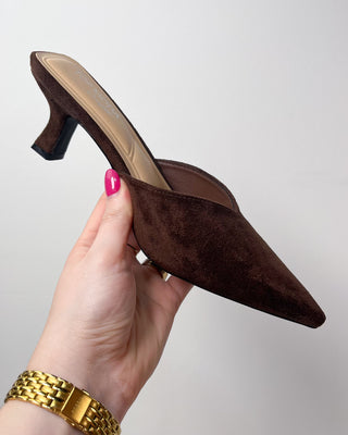Brown suede slipper held by a hand with pink nail polish against a light gray background