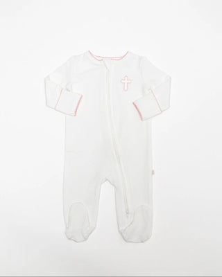 White baby onesie with pink accents on a white background
