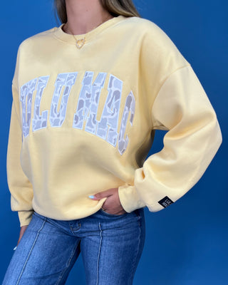 Lulu Mac Butter Yellow Light Camo Logo Crewneck