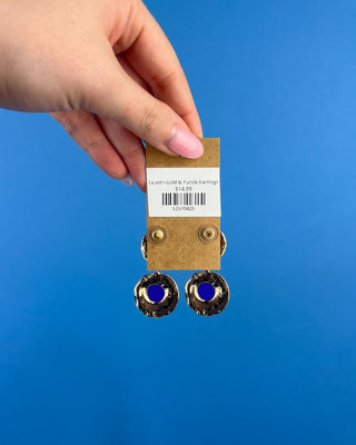 Shop the Lauren Gold & Purple Earrings featuring vibrant purple stones, textured gold-tone details, and a bold double-drop design perfect for LSU game day.