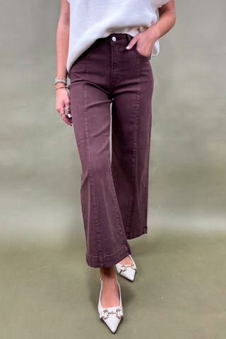 Person wearing brown wide-leg pants with a plain background