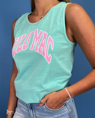Person wearing a light blue tank top with 'MULU MAC' printed in pink on a blue background