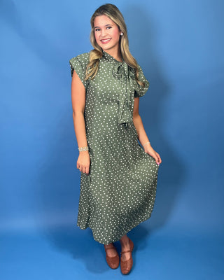 Sunday In The Garden Polka Dot Tie Neck Sage Midi Dress