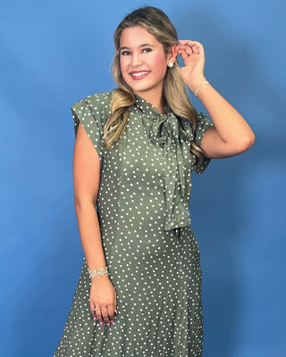 Sunday In The Garden Polka Dot Tie Neck Sage Midi Dress