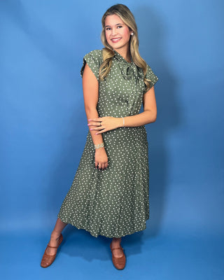 Sunday In The Garden Polka Dot Tie Neck Sage Midi Dress