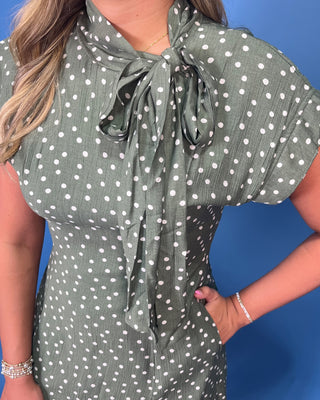 Sunday In The Garden Polka Dot Tie Neck Sage Midi Dress
