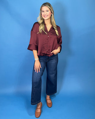 Timeless Wine Satin Button Detail Top