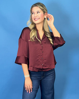 Timeless Wine Satin Button Detail Top
