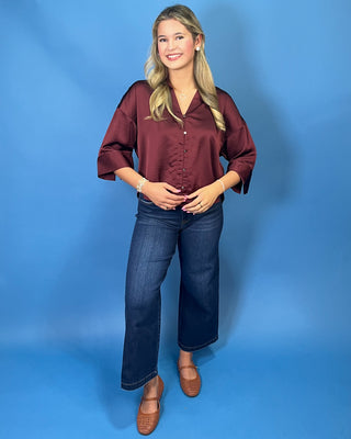 Timeless Wine Satin Button Detail Top