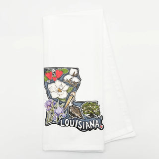 Map of Louisiana with floral elements on a white background