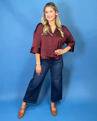 Timeless Wine Satin Button Detail Top