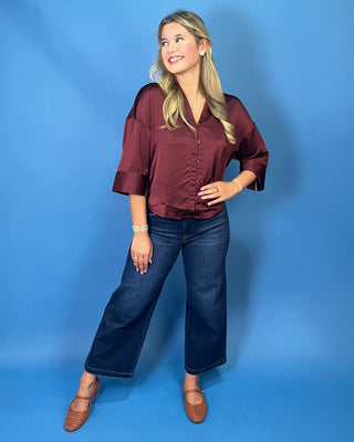 Timeless Wine Satin Button Detail Top