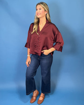 Timeless Wine Satin Button Detail Top