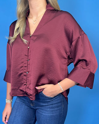 Timeless Wine Satin Button Detail Top