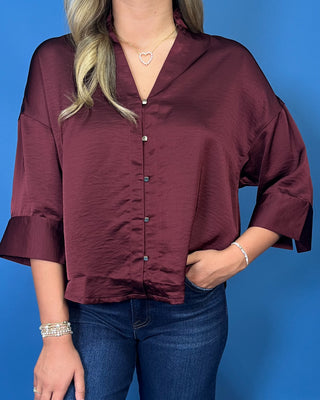 Timeless Wine Satin Button Detail Top