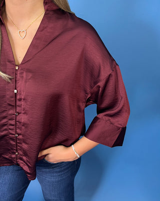Timeless Wine Satin Button Detail Top