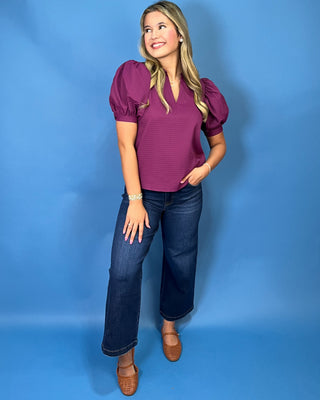 Rich Plum Textured V-Neck Puff Sleeve Top