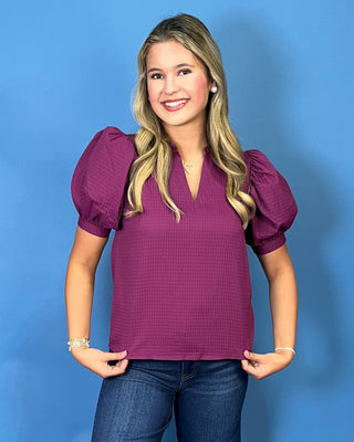 Rich Plum Textured V-Neck Puff Sleeve Top