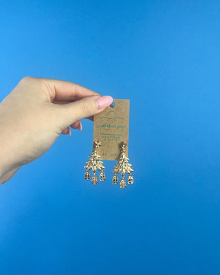 Shop the Christmas Tree Earrings at All About You Boutique! Festive gold-tone holiday earrings with pearl accents, sparkling stars, and dangling gift charms.