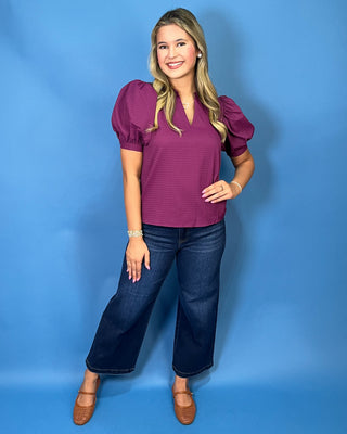 Rich Plum Textured V-Neck Puff Sleeve Top