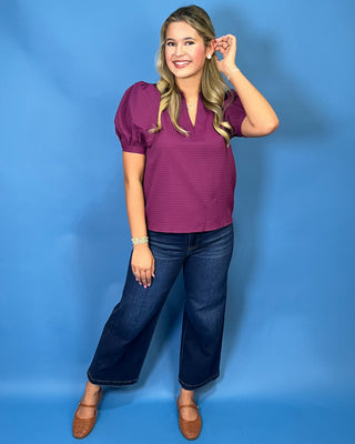 Rich Plum Textured V-Neck Puff Sleeve Top