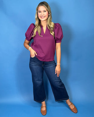 Rich Plum Textured V-Neck Puff Sleeve Top