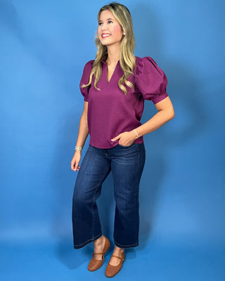Rich Plum Textured V-Neck Puff Sleeve Top