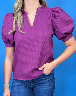 Rich Plum Textured V-Neck Puff Sleeve Top