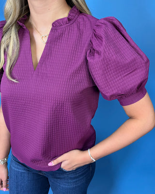 Rich Plum Textured V-Neck Puff Sleeve Top
